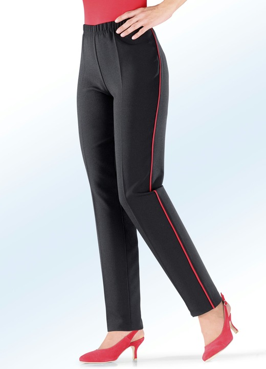 Broeken - Broek met trendy contrasterende sierbiezen, in Größe 019 bis 235, in Farbe ZWART-ROOD Ansicht 1