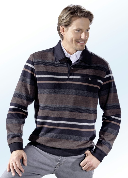 Sweatshirts - Poloshirt met borstzakje met knoop, in Größe 056 bis 062, in Farbe ZWART-BRUIN-GRIJS GEMÊLEERD
