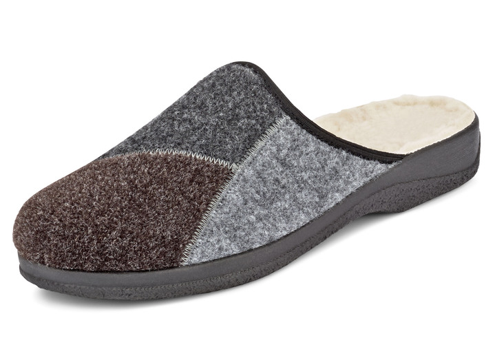 Huisschoenen - Gevoerde herenpantoffels, met nieuwe wol, in Größe 040 bis 047, in Farbe GRIJS-BRUIN