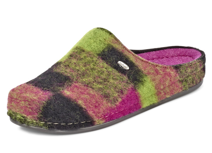 Huisschoenen - Pantoffels van pluizige, kleurrijke wollen stof, in Größe 036 bis 042, in Farbe ROZE-KIWI Ansicht 1