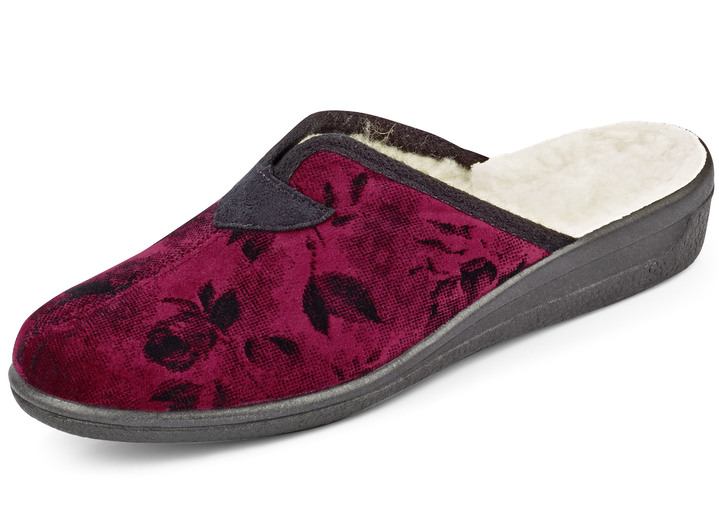 - Fluwelen pantoffel met bloemenprint, in Größe 036 bis 042, in Farbe GRANAATROOD