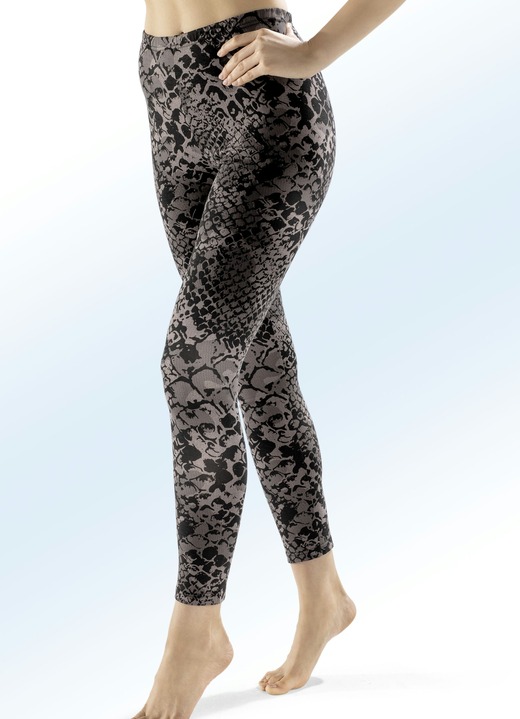 Leggings - Set van twee comfortabele leggings met elastische tailleband, in Größe L (44/46) bis XXL (52/54), in Farbe 1X TAUPE-ZWART BEDRUKT, 1X ZWART Ansicht 1