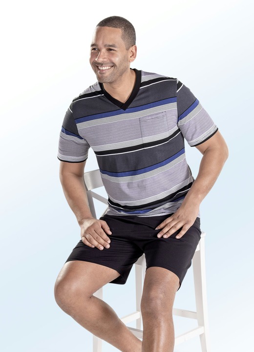 Shorties - Duopack shortama's met V-hals, streepmotief en borstzakje, in Größe 046 bis 062, in Farbe 1x ANTRACIET-ZWART-GRIJS-BLAUW, 1x ANTRACIET-ZWART-GRIJS-GROEN Ansicht 1