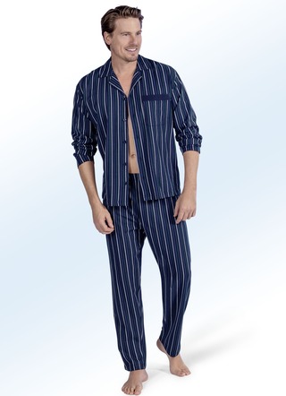 Pyjama met strependessin, reverskraag, lange knoopsluiting en borstzakje