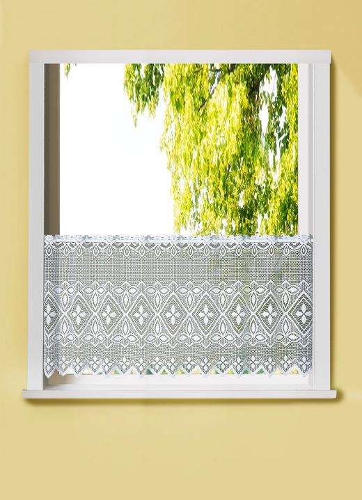 - Kort gordijn met doorvoer voor roede, in Größe 664 (vitrage valletje, H 30 x B 150 cm) bis 836 (Korte store,H 50 x B 350 cm), in Farbe WIT
