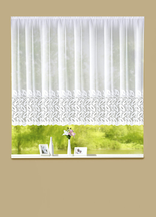 - Mooie gebloemde raamvitrage, in Größe 123 (105 x 300) bis 165 (145 x 600), in Farbe WIT
