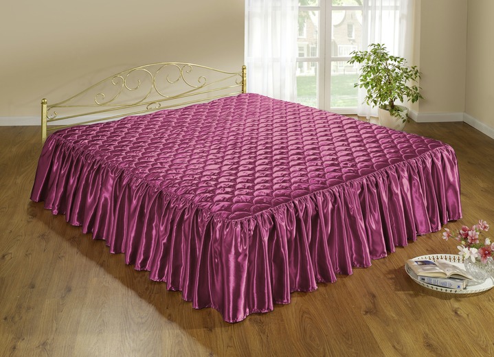 Spreien - Edele glanzende sprei en kussenhoezen met quilting in schelpoptiek, in Größe 873 (Voor eenpersoonsbed, 1 volant, 140 x 200 cm) bis 916 (Voor Frans bed, 3 volants, 280 x 250 cm, in Farbe WIJNROOD Ansicht 1