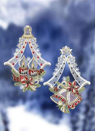 Raamdecoratie, set van 2, van kantwerk uit Plauen