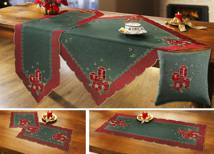 Tafellakens - Feestelijk vormgegeven tafel- en kamerdecoratie, in Größe 143 (Kleedje, 60 x 60 cm) bis 404 (Kussensloop, 40 x 40 cm), in Farbe GROEN-ROOD