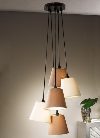 Hanglamp, 5 lichtpunten, van metaal, met stoffen lampenkappen