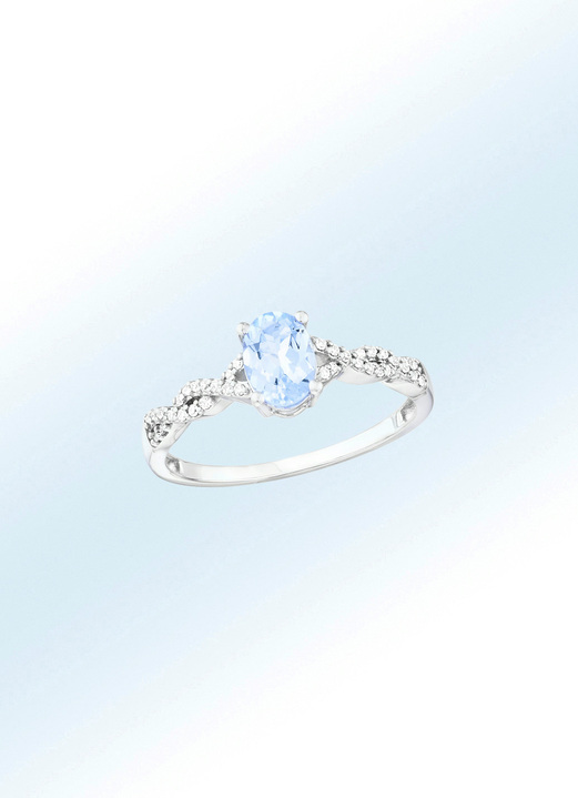 Ringen - Damesring met 36 diamanten en echte aquamarijn, in Größe 160 bis 220, in Farbe