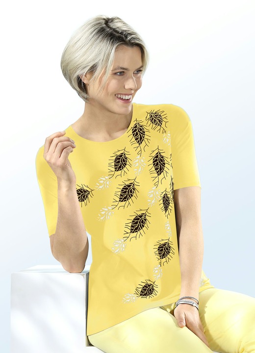 Korte mouw - Shirt met interessante bladprint in 2 kleuren Korte mouw - Shirt met interessante bladprint in 2 kleuren, in Größe 036 bis 044, in Farbe GEEL