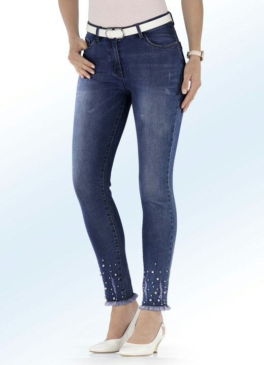 Broeken - Jeans met franjezoom en decoratieve parels, in Größe 017 bis 050, in Farbe JEANSBLAUW Ansicht 1