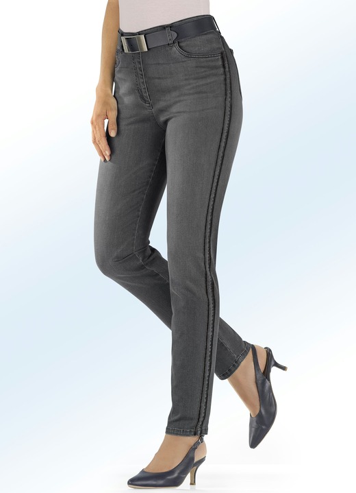 Damesmode - Jeans met trendy galonstrepen, in Größe 017 bis 052, in Farbe GRAFIET Ansicht 1