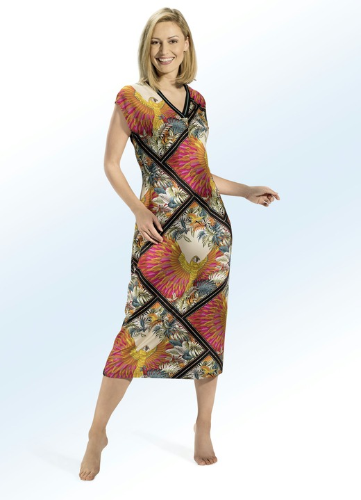 Homewear & Freizeitmode - Hauskleid mit Dschungel Motiv, in Größe 036 bis 054, in Farbe PINK-BUNT Ansicht 1