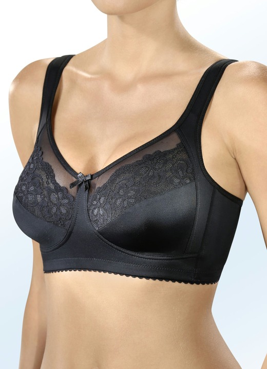 - Mooi gevormde bh met elastische kant en tule in de bovencups, in Größe 080 bis 100, in Cup E, in Farbe ZWART Ansicht 1