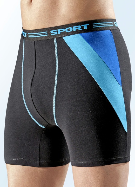 Pants & boxershorts - Set van vier broeken, effen met inzetstukken en decoratieve naden, in Größe 005 bis 011, in Farbe 2x ZWART, 2X MARINE