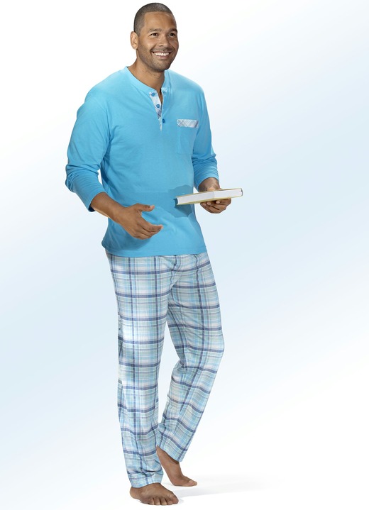 Pyjama's - Pyjama met knoopsluiting, opgezet borstzakje en ruitjesdessin, in Größe 046 bis 060, in Farbe TURQUOISE-MINT-JEANSBLAUW