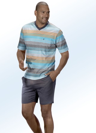 Hajo Klima comfort shorty met garengeverfd gestreept dessin, V-hals, borstzak