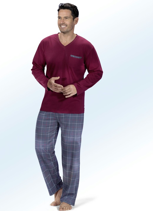 Pyjama's - Pyjama met V-hals en opgezet borstzakje, in Größe 046 bis 062, in Farbe WIJNROOD-GRAFIET