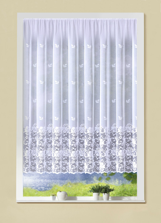 Klassiek - Erg fijn bloemenvenster-glasgordijn met automatische plooiband 1:3, in Größe 140 (H 120 x B 300 cm) bis 181 (H175xB600 cm), in Farbe WIT Ansicht 1