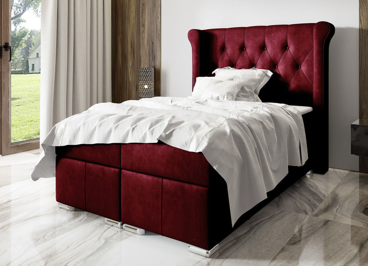 Boxspring - Boxspringbed met topmatras en stoffen fluwelen hoes, in Farbe ROOD Ansicht 1