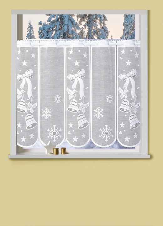 Korte gordijnen - Korte venstervitrage klokjes met roedegoot, in Größe 788 (H 45 x B 105 cm) bis 862 (H 60 x B 150 cm), in Farbe WIT Ansicht 1