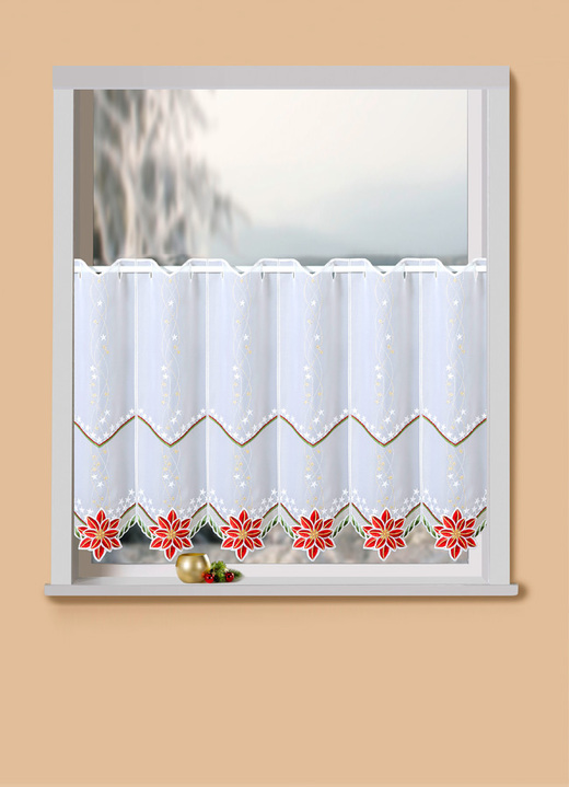 Plauener Stickerei - Korte venstervitrage met bloesem en kerstster, in Größe 825 (H35 x B95 cm) bis 862 (H 55 x B 160 cm), in Farbe WIT-ROOD Ansicht 1