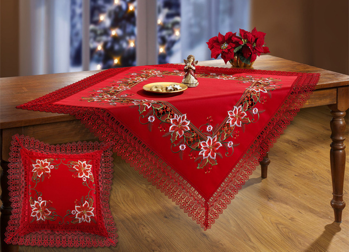 Tafellakens - Tafel- en kamerdecoratie met macramé-boorden en gebloemde borduursels, in Größe 101 (Loper, 40/85 cm) bis 404 (Kussensloop, 40/40 cm), in Farbe ROOD Ansicht 1