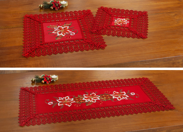 Tafellakens - Tafel- en kamerdecoratie met macramé-boorden en gebloemde borduursels, in Größe 101 (Loper, 40/85 cm) bis 404 (Kussensloop, 40/40 cm), in Farbe ROOD Ansicht 1