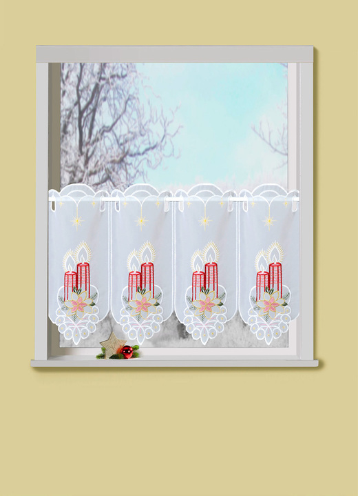 Korte gordijnen - Korte venstervitrage met geborduurd kerstmotief, in Größe 786 (H 45 x B 85 cm) bis 788 (H 45 x B 115 cm), in Farbe WIT-MULTICOLOR Ansicht 1