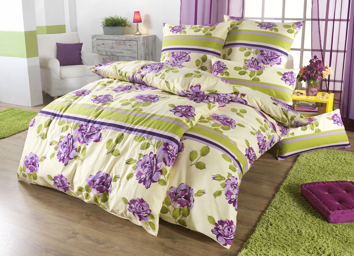 - Prachtig vormgegeven beddengoedset, in Größe 111 (40/80 cm + 135/200 cm) bis 115 (80/80 cm + 155/220 cm), in Farbe PAARS