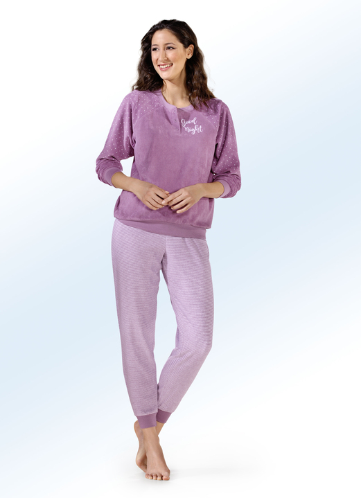 Pyjama's & shorties - Pyjama van stretchbadstof met knoopsluiting, in Größe 034 bis 052, in Farbe MAUVE-ECRU Ansicht 1