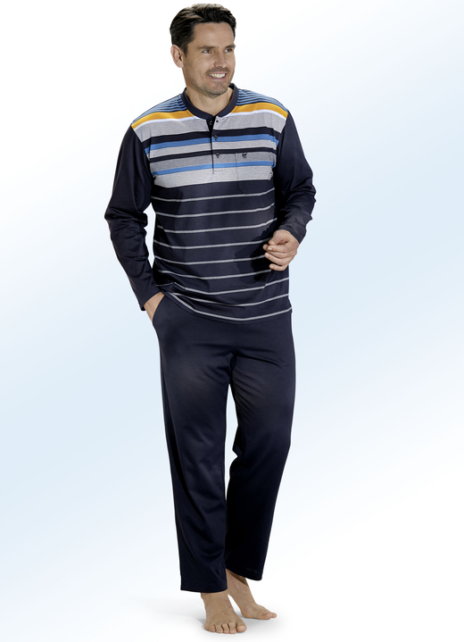 Pyjama's - 'Klima Komfort'-pyjama, met knoopsluiting en garengeverfd dwarsstrependessin, van Hajo, in Größe 046 bis 062, in Farbe MARINE-MEERKLEURIG
