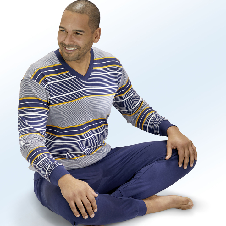 Pyjama's - Pyjama met V-hals, garengeverfd dwarsstrependessin, Interlock, in Größe 050 bis 062, in Farbe BLAUW-WIT-GEEL