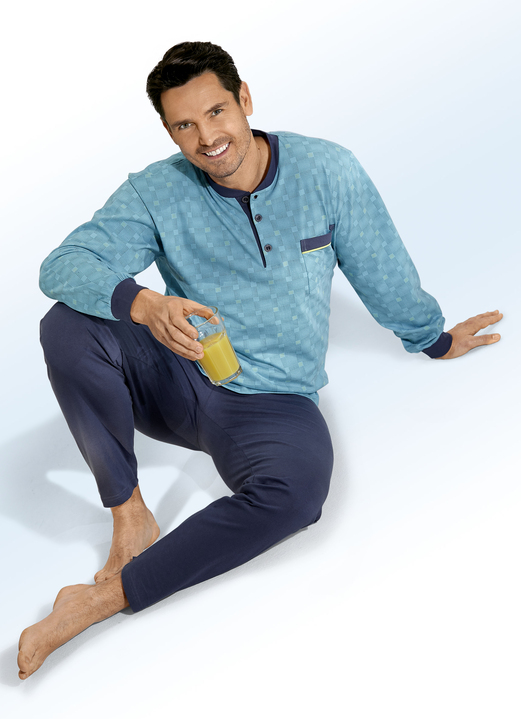 Pyjama's - Pyjama met knoopsluiting en opgezet borstzakje, in Größe 048 bis 064, in Farbe TURQUOISEGROEN-GRIJS
