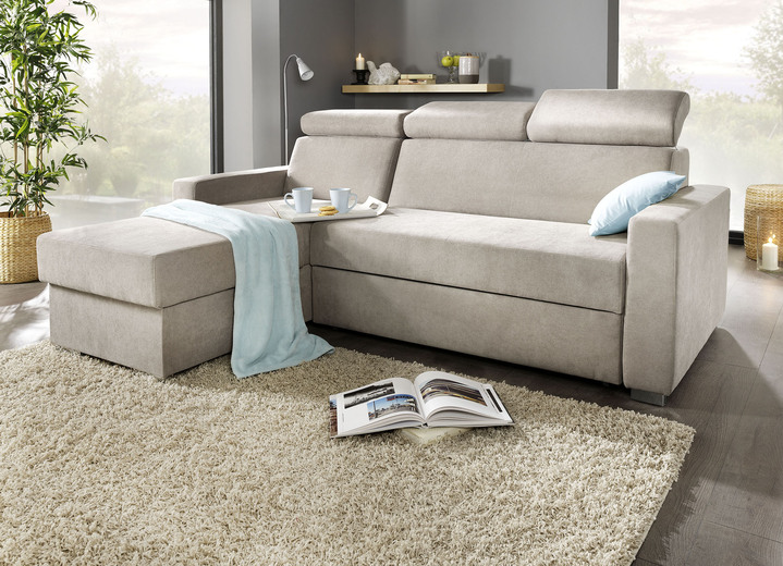 Hoekbankstellen - Gestoffeerd meubel met slaapfunctie en verstelbare hoofdsteunen, in Farbe GRIJS, in Ausführung Bedbank met kruk Ansicht 1