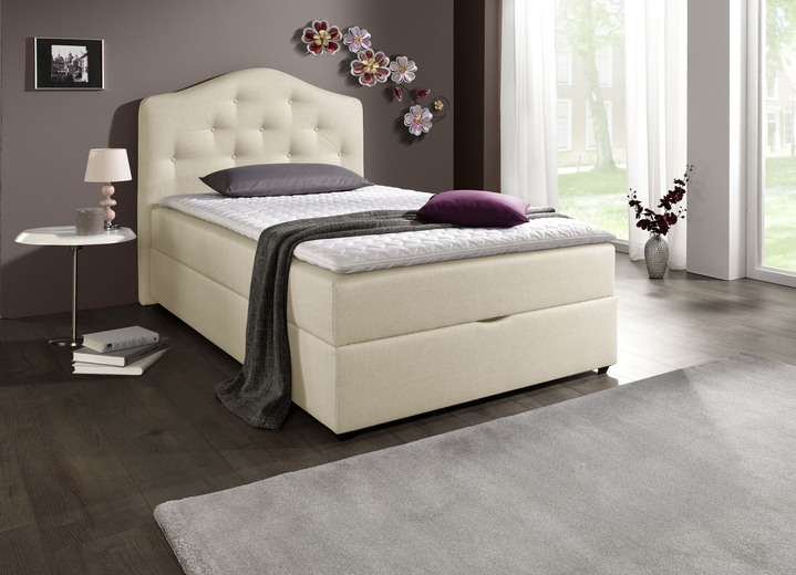 Boxspringbetten - Boxspringbett mit Bettkasten und Kaltschaumtopper, in Farbe BEIGE, in Ausführung mit Bonnell-Federkern-Matratze Ansicht 1