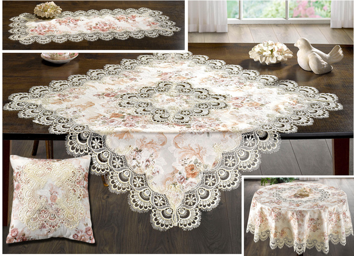 Tafellakens - Prachtige tafel- en kamerdecoratie van jacquard met macramé-kant, in Größe 101 (loper, 40/90 cm) bis 404 (Kussensloop, 40/40 cm), in Farbe MULTICOLOR