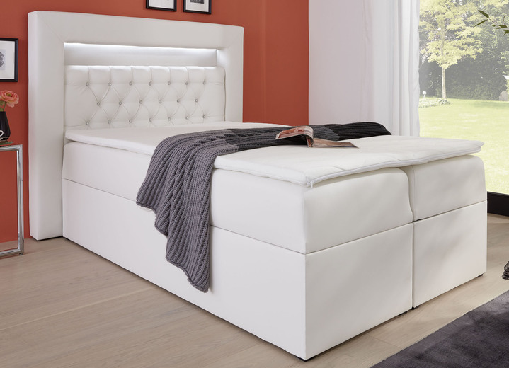 Boxspring - Boxspringbed met LED-verlichting, bedbox en topper, in Farbe WIT Ansicht 1