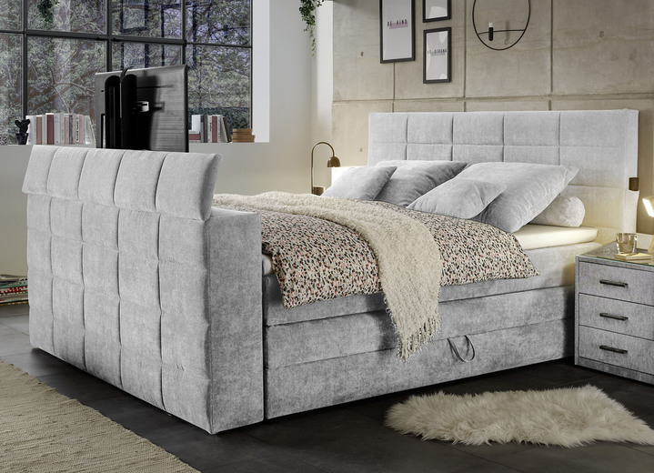 - Boxspringbed met elektrisch uitschuifbare tv-beugel, in Farbe LICHTGRIJS, in Ausführung mit Bettkasten Ansicht 1