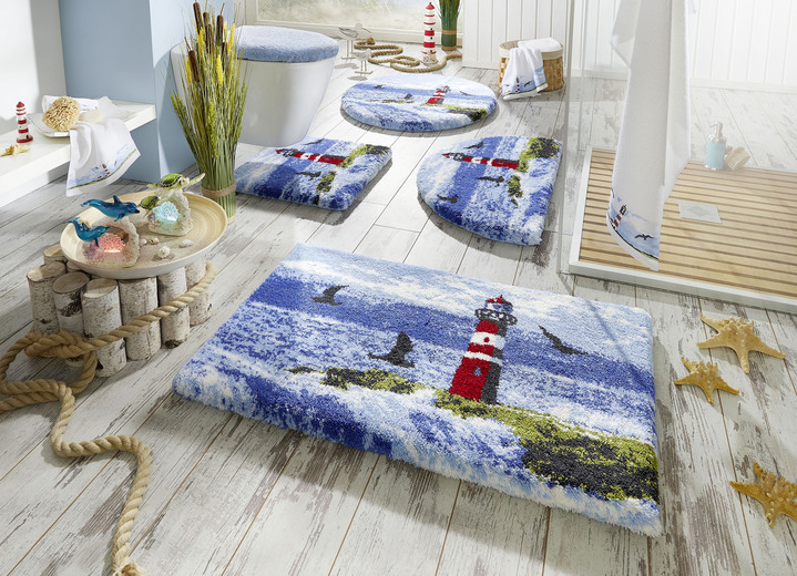 - Zachte badkamerset, van het merk Grund, in Größe 100 (Matje, halfrond 50/80 cm) bis 112 (Toiletdekselafdekking 47/50 cm), in Farbe BLAUW