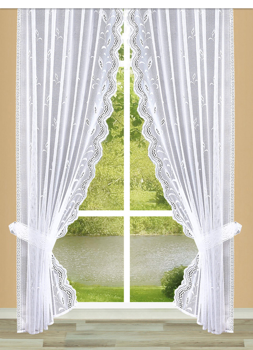 - Wunderschöne Raffgardinen-Garnitur mit Automatikfaltenband, in Größe 347 (H125xB145 cm) bis 458 (H245xB145 cm), in Farbe WEISS Ansicht 1