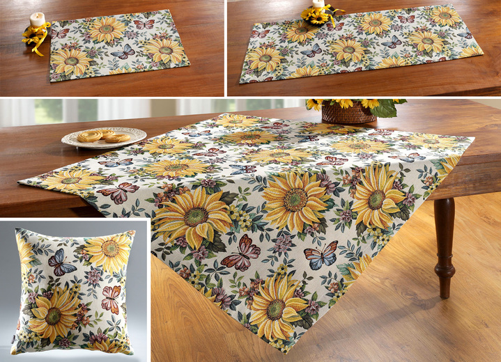 Tafellakens - Tafel- en kamerdecoratie met zonnebloemmotief, in Größe 110 (loper, 40/100 cm) bis 405 (kussensloop 50/ 50 cm), in Farbe MULTICOLOR