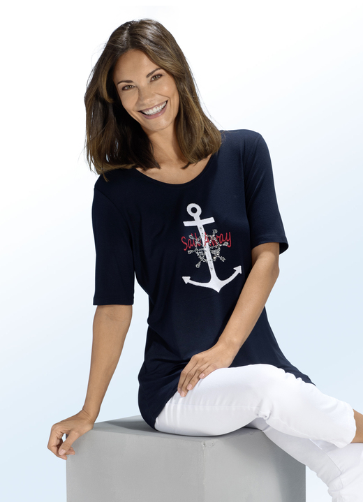 Korte mouw - Shirt met maritieme borduurapplicatie in 2 kleuren, in Größe 038 bis 056, in Farbe MARINE Ansicht 1