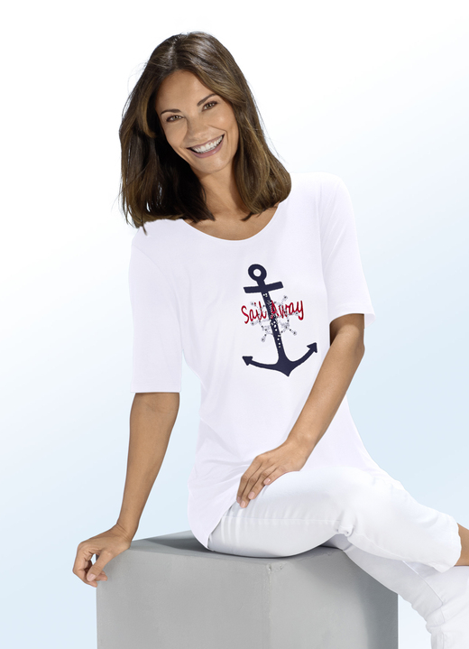 Korte mouw - Shirt met maritieme borduurapplicatie in 2 kleuren, in Größe 038 bis 056, in Farbe WIT Ansicht 1