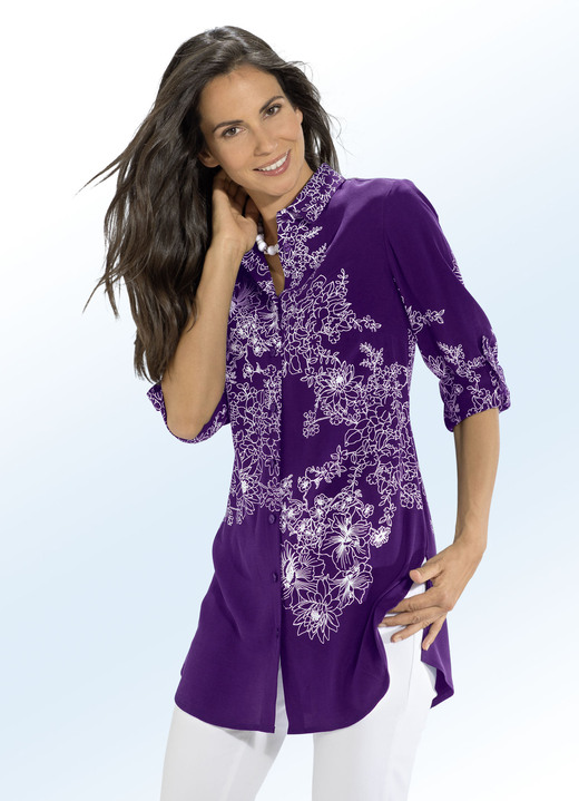 Blouses - Lange blouse met bloemdessin, in Größe 036 bis 054, in Farbe LILA-ECRU Ansicht 1
