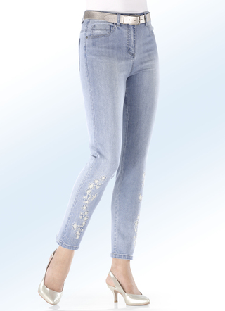 Fijne jeans met borduurtoepassingen en glitterstenen