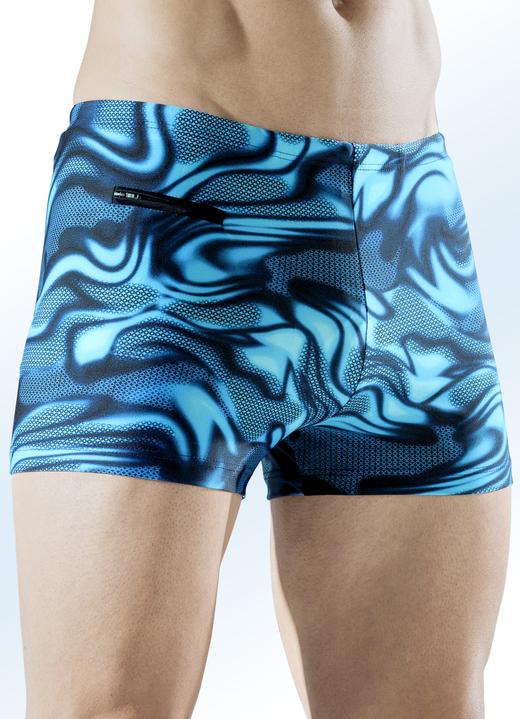 Zwembroeken - Schwab zwembroek in hogere rechthoekige vorm met multicolor print, in Größe 011 bis 013, in Farbe ZWART-TURQUOISE