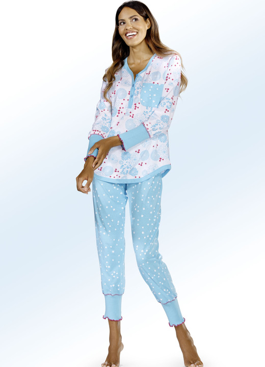 Pyjama's & shorties - Pyjama met manchetten en knoopsluiting, in Größe 032 bis 050, in Farbe WIT-TURKIS Ansicht 1